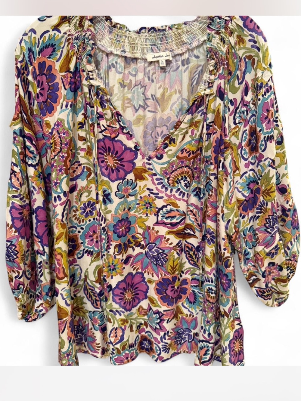 Another Love Floral V-Neck Peasant Top — Cream with multicolor Floral Print